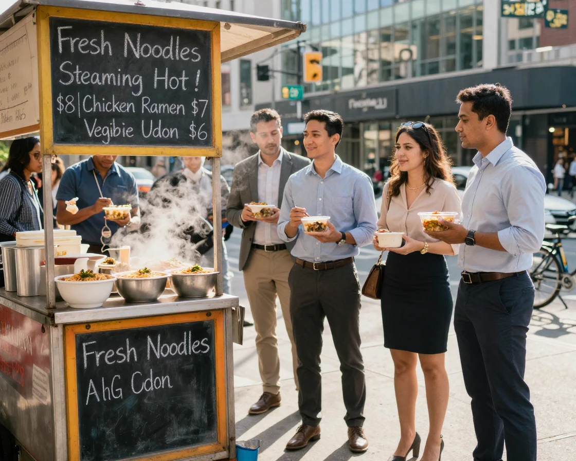 A street cart serves steaming bowls of noodles to a line of office workers on break.
