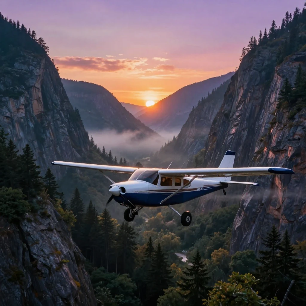 A small propeller airplane winding through a mountain valley at sunrise