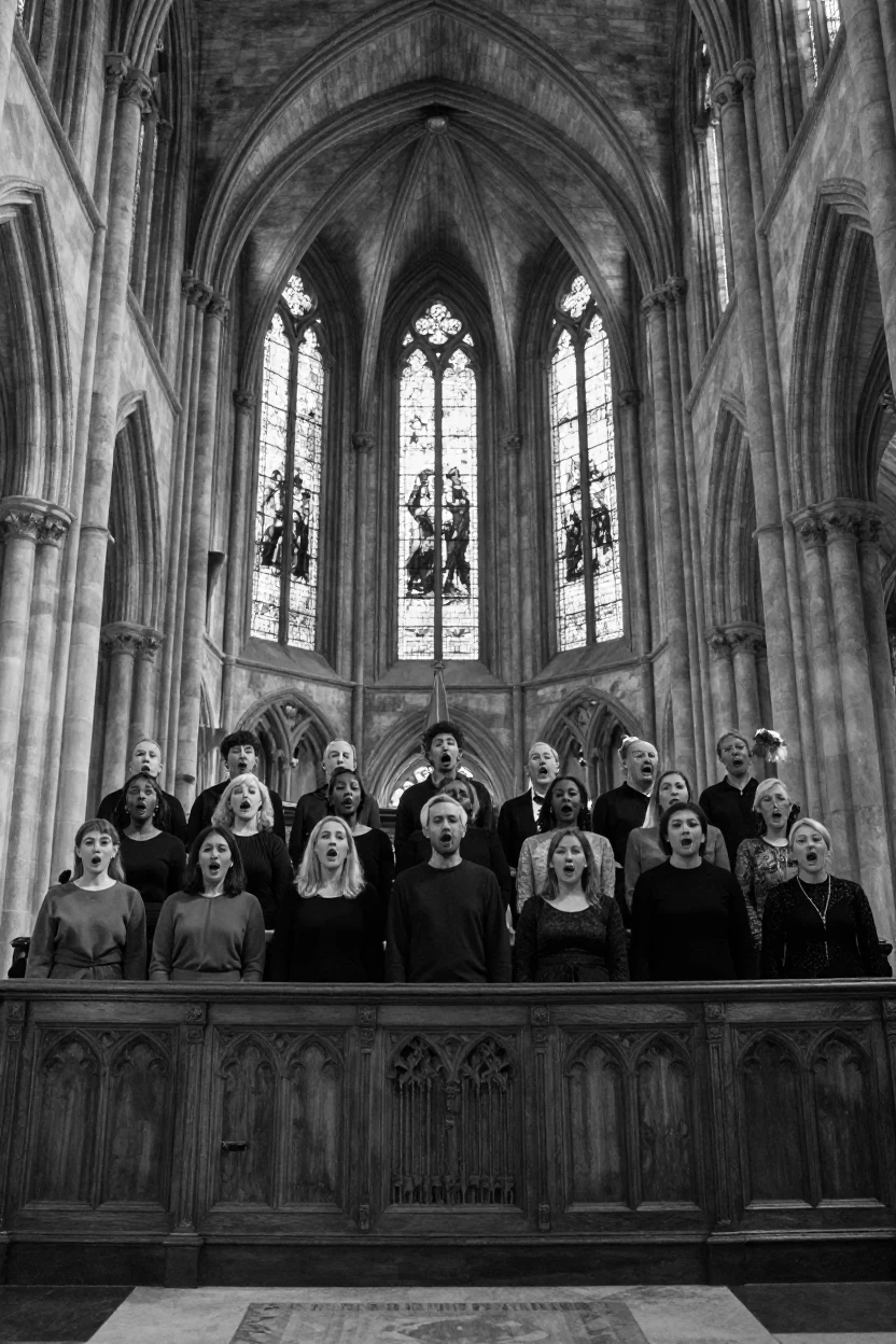 A choir sings in perfect harmony in a grand cathedral.