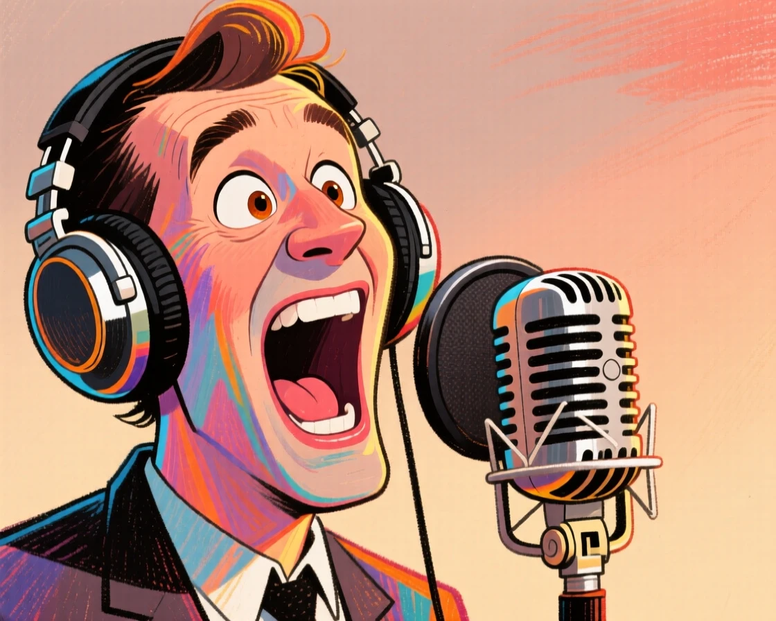 A voice actor performing dramatically into a studio microphone, headphones snug.