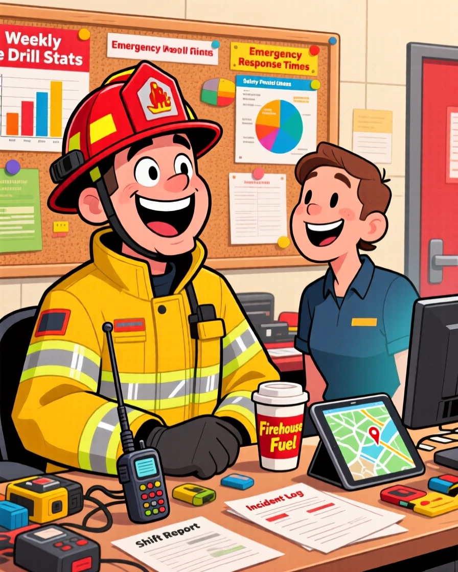 A vibrant profession-themed portrait of a dedicated firefighter laughing at a joke from a coworker mid-shift, surrounded by charts, gadgets, and paperwork.