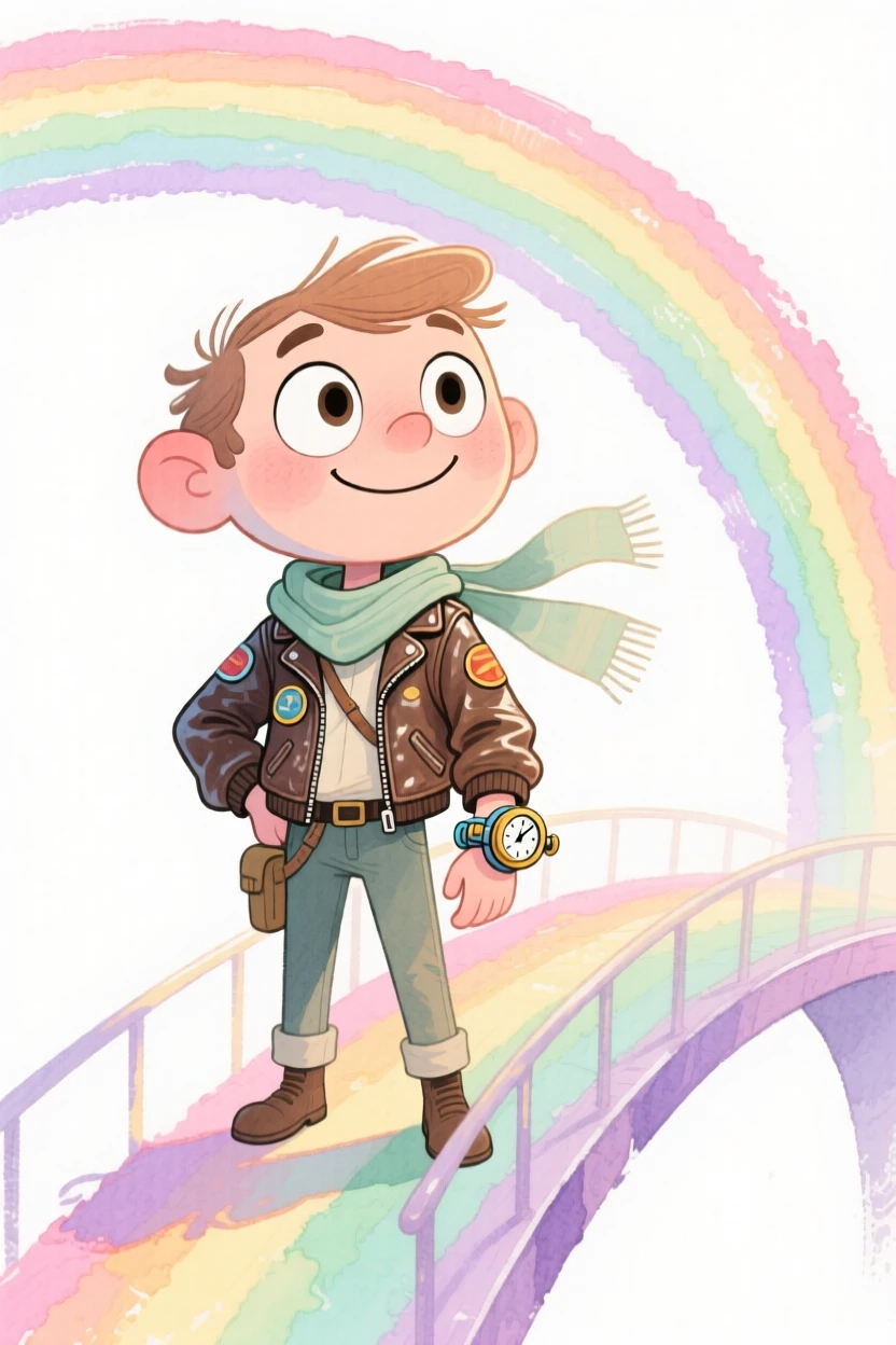 A time-traveling adventurer standing at the edge of a rainbow bridge