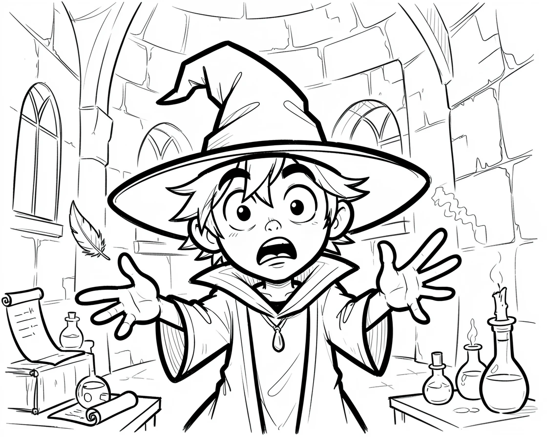 [Fantasy & Imaginative Scenarios] Imaginative fantasy scene of a young sorcerer learning to levitate a feather in a stone tower, brimming with wonder