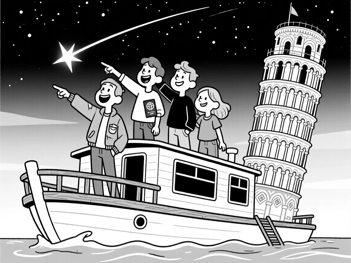 A group cheering atop a rented houseboat, pointing excitedly at a shooting star, set beside a famously leaning historic tower. A worn passport peeks out of a jacket pocket. It radiates wanderlust and the fun of getting a little lost.