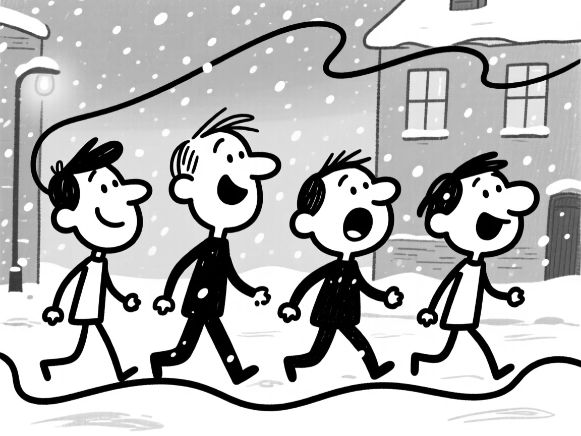 A quiet snowfall blanketing a small town, lights glowing warmly from windows.