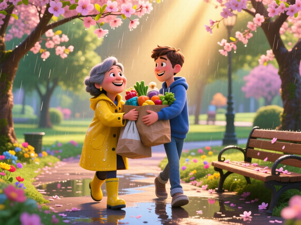 Strangers helping each other carry groceries in the rain unfolds in a sunlit park filled with blooming trees, with warm sunlight catching every smile. Pure joy and warmth radiate from the scene.