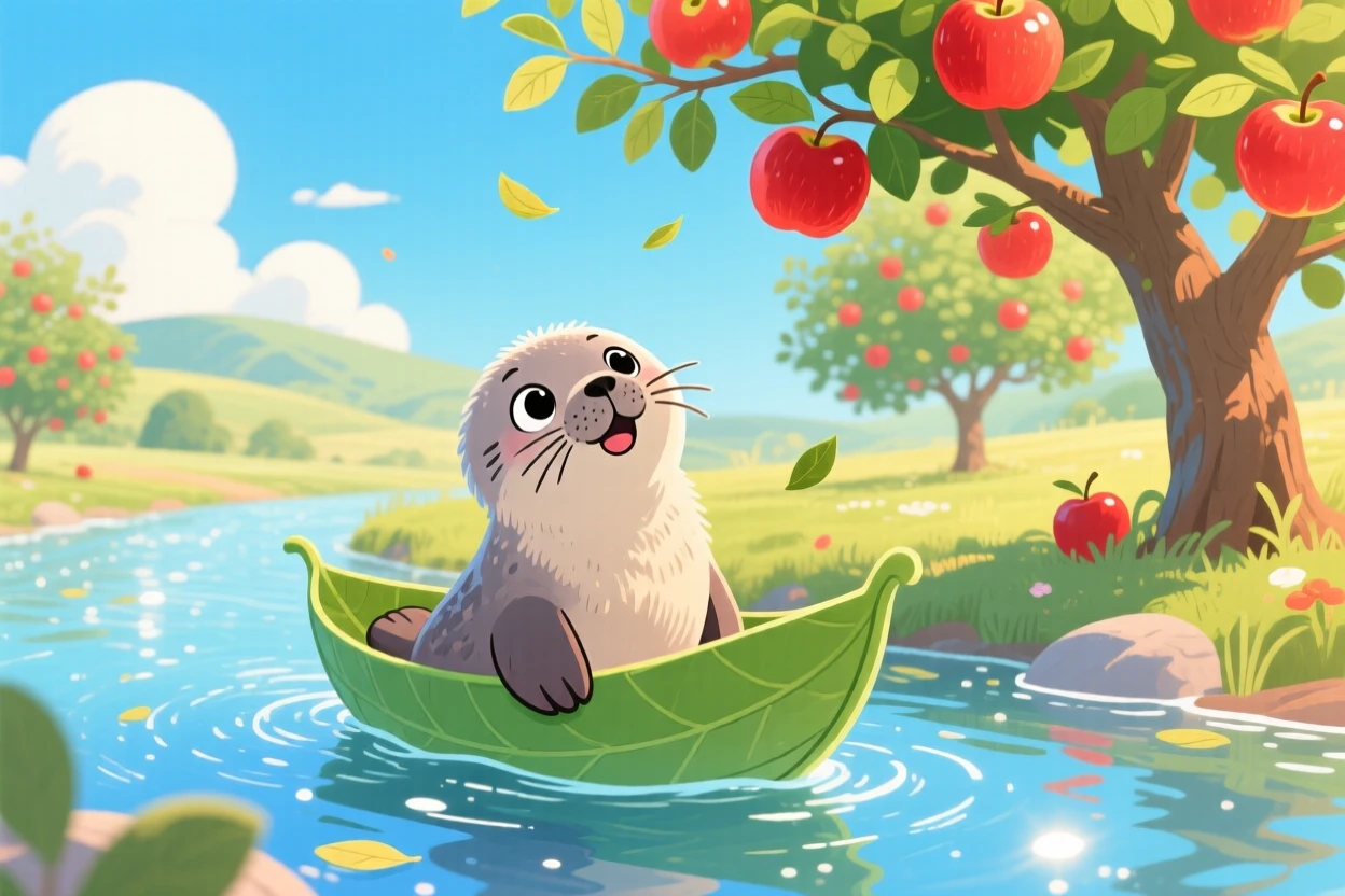 A whiskered seal pup pauses from riding a leaf boat down a stream to look up in an apple orchard, with a warm breeze rustling the branches.