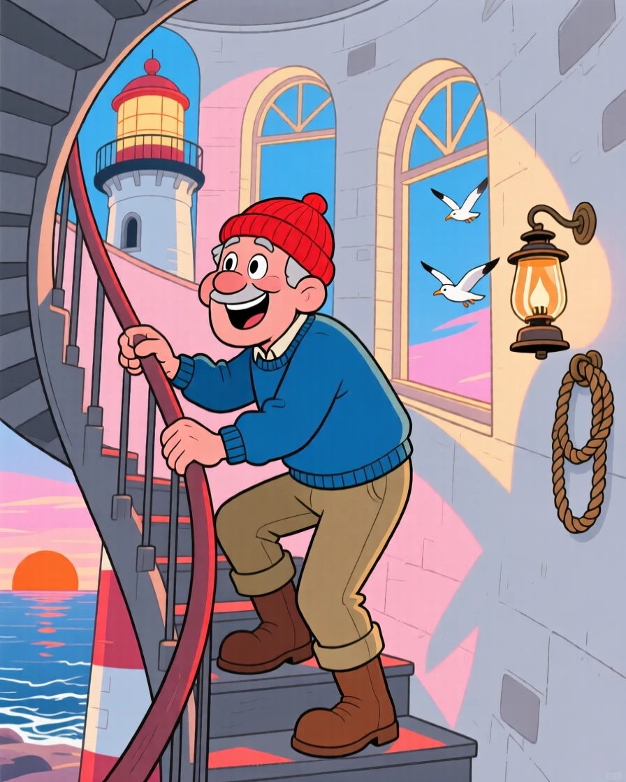 A lighthouse keeper climbing the spiral stairs at dawn.