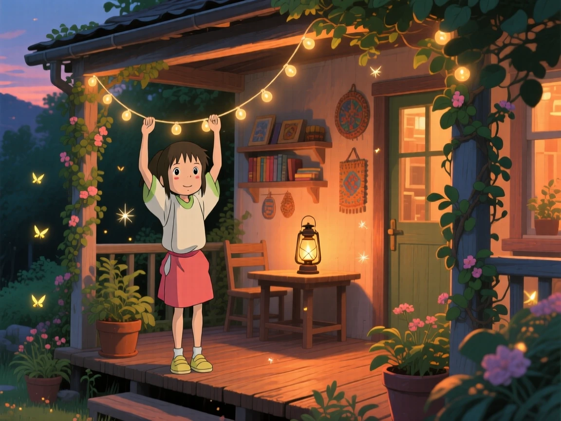 Someone hanging string lights across a cozy porch, warm lamplight spilling across the room, the whole scene feeling peaceful and unhurried.