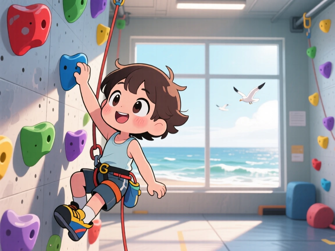 In a sunny climbing gym, a young rock climber is reaching for a colorful climbing hold on a breezy coastal afternoon, bathed in diffused overcast light, expression full of eager anticipation. Shot as a symmetrical front-on view.