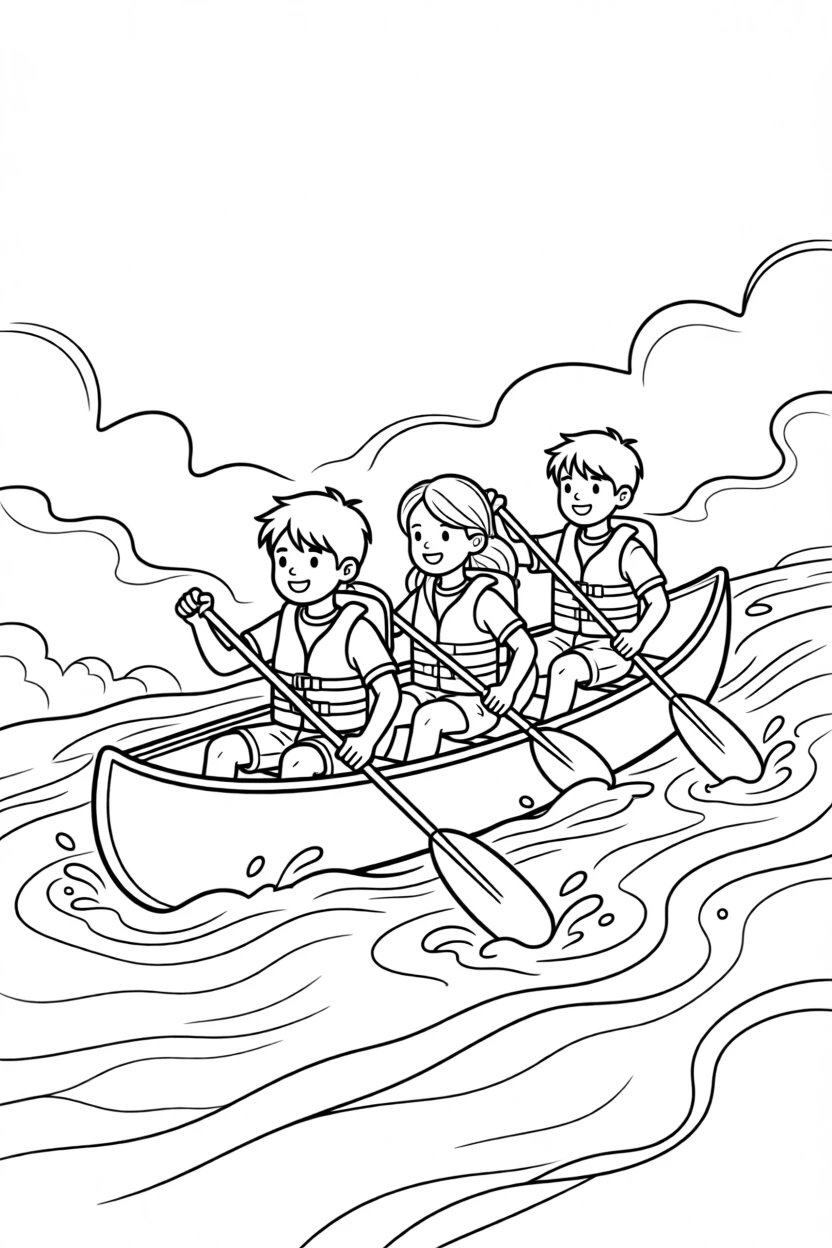 A team of explorers paddling a canoe through misty rapids