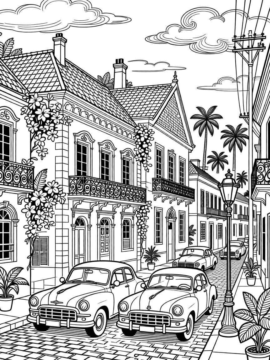 Rooftops of an old tropical city with vintage cars parked below.