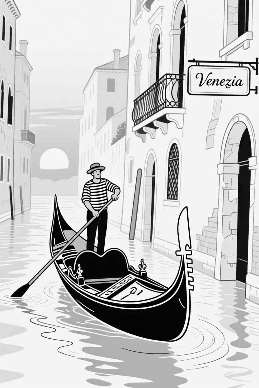 A gondola gliding through a Venetian canal at sunset