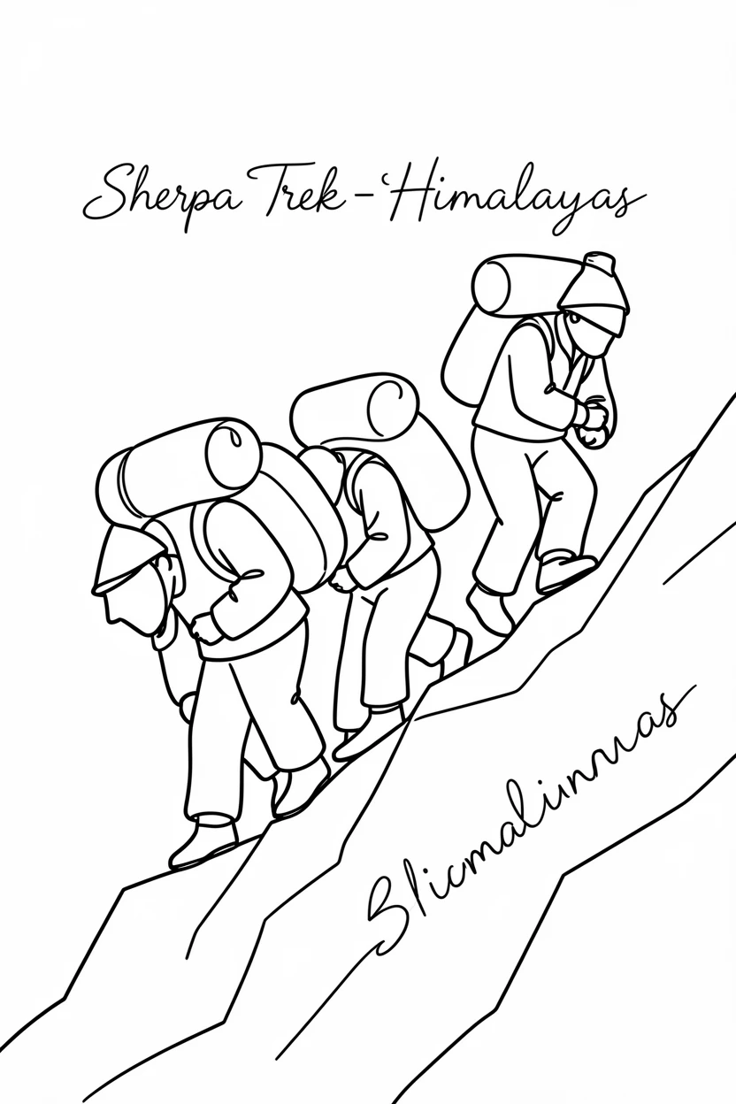 A group of Nepalese Sherpas trekking with loaded packs in the Himalayas