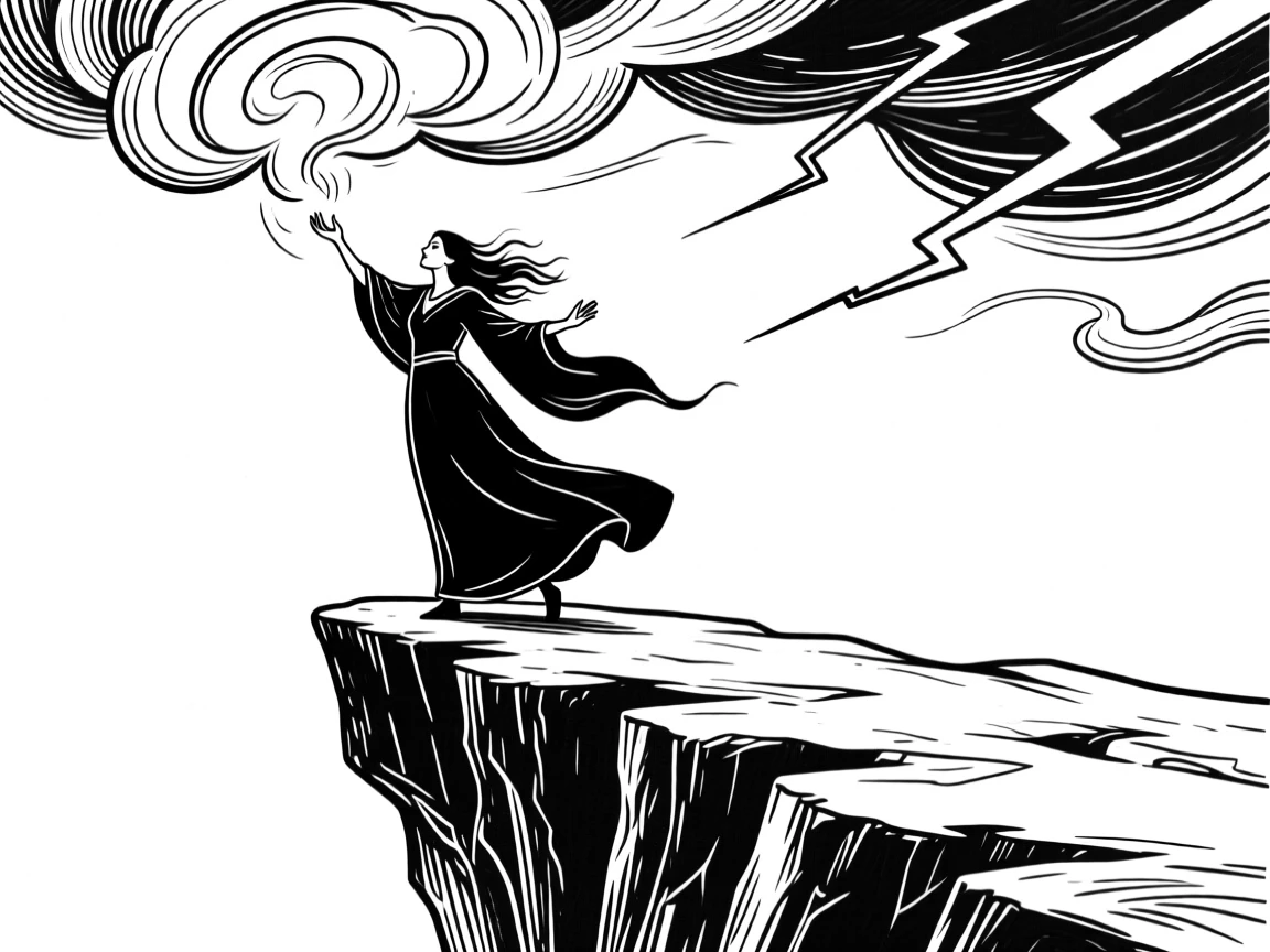 A sorceress summoning a storm from atop a windswept cliff.