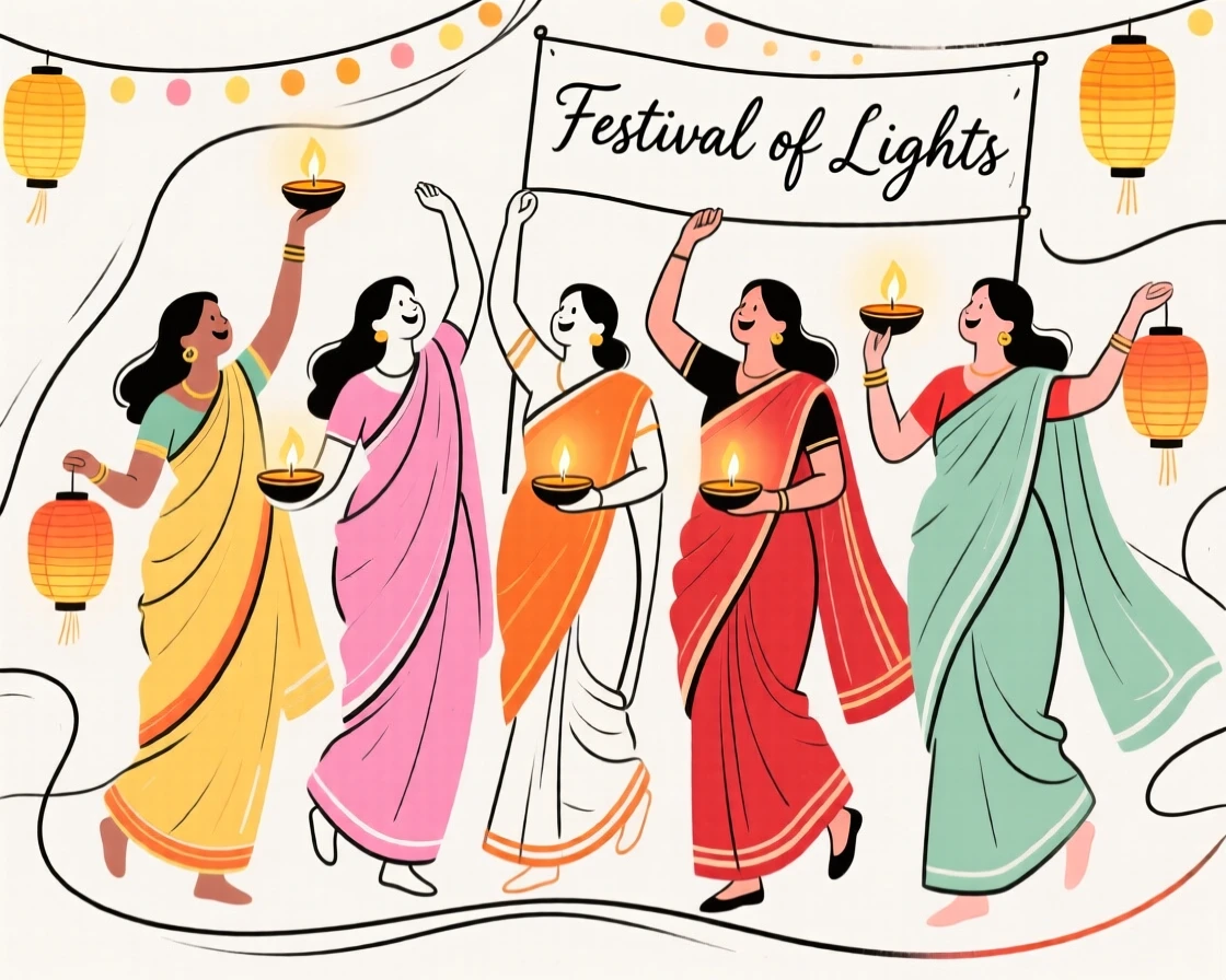 A group of women in colorful saris celebrating a festival of lights.