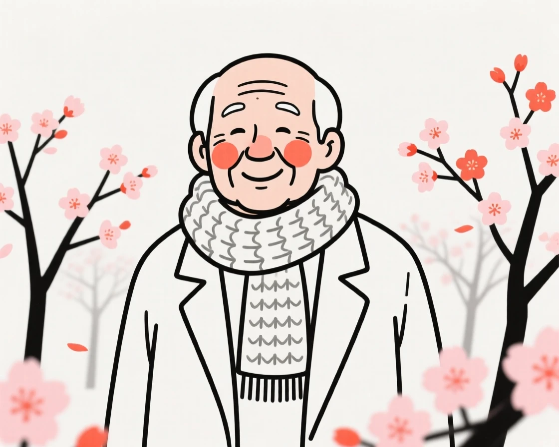 A grandfather of Korean heritage in a chunky knit scarf and coat, smiling shyly, in a blooming cherry blossom garden.