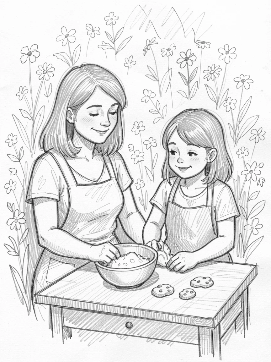 A mother and daughter baking cookies together, in a flower-filled garden, glowing with quiet joy.