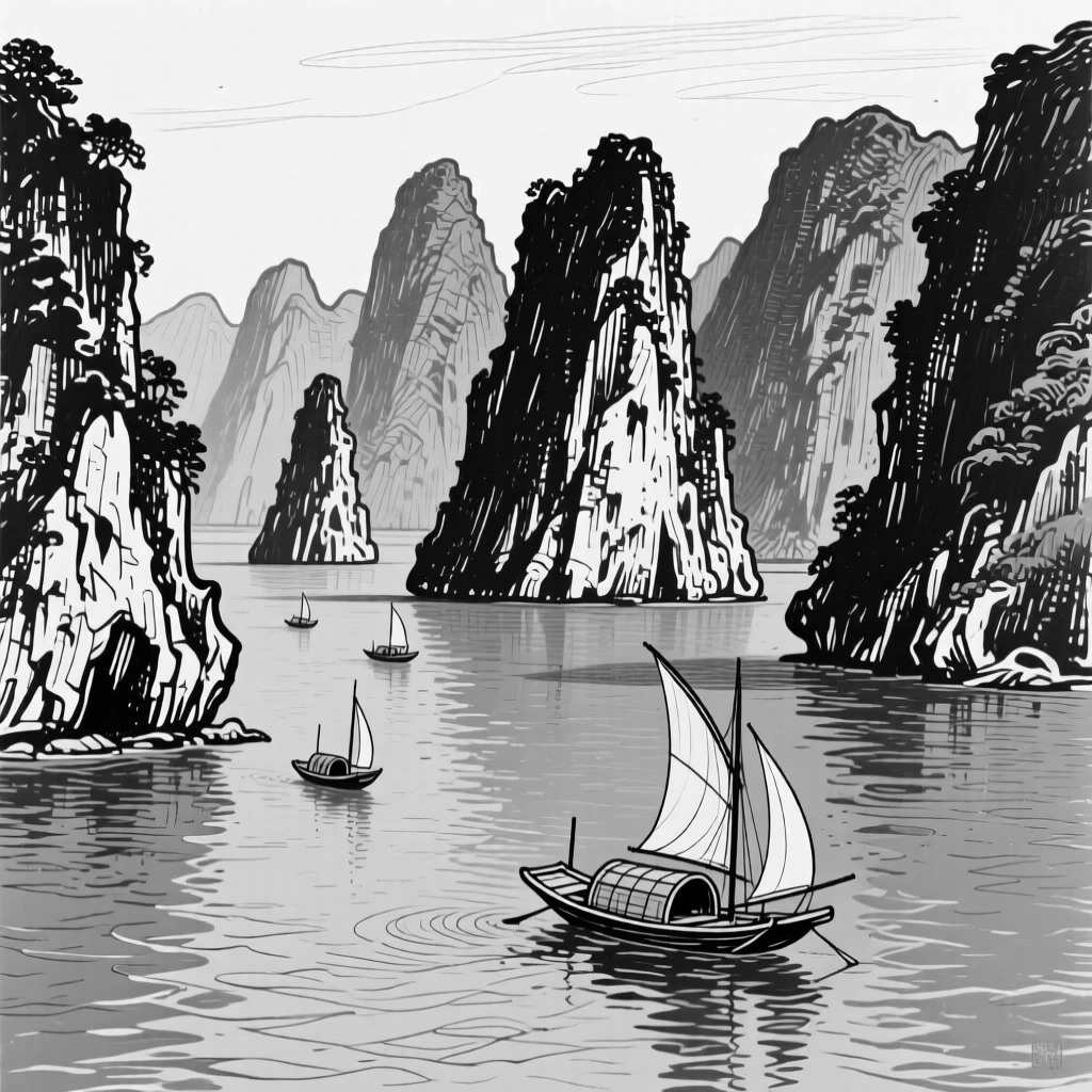 The dramatic karst mountains of Halong Bay rising from calm emerald waters.