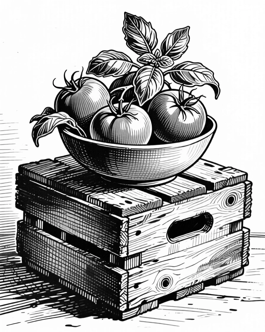 A bowl of ripe tomatoes and basil arranged on a rustic wooden crate, with the rich texture of the crust visible in detail, presented in a richly appetizing culinary still life.