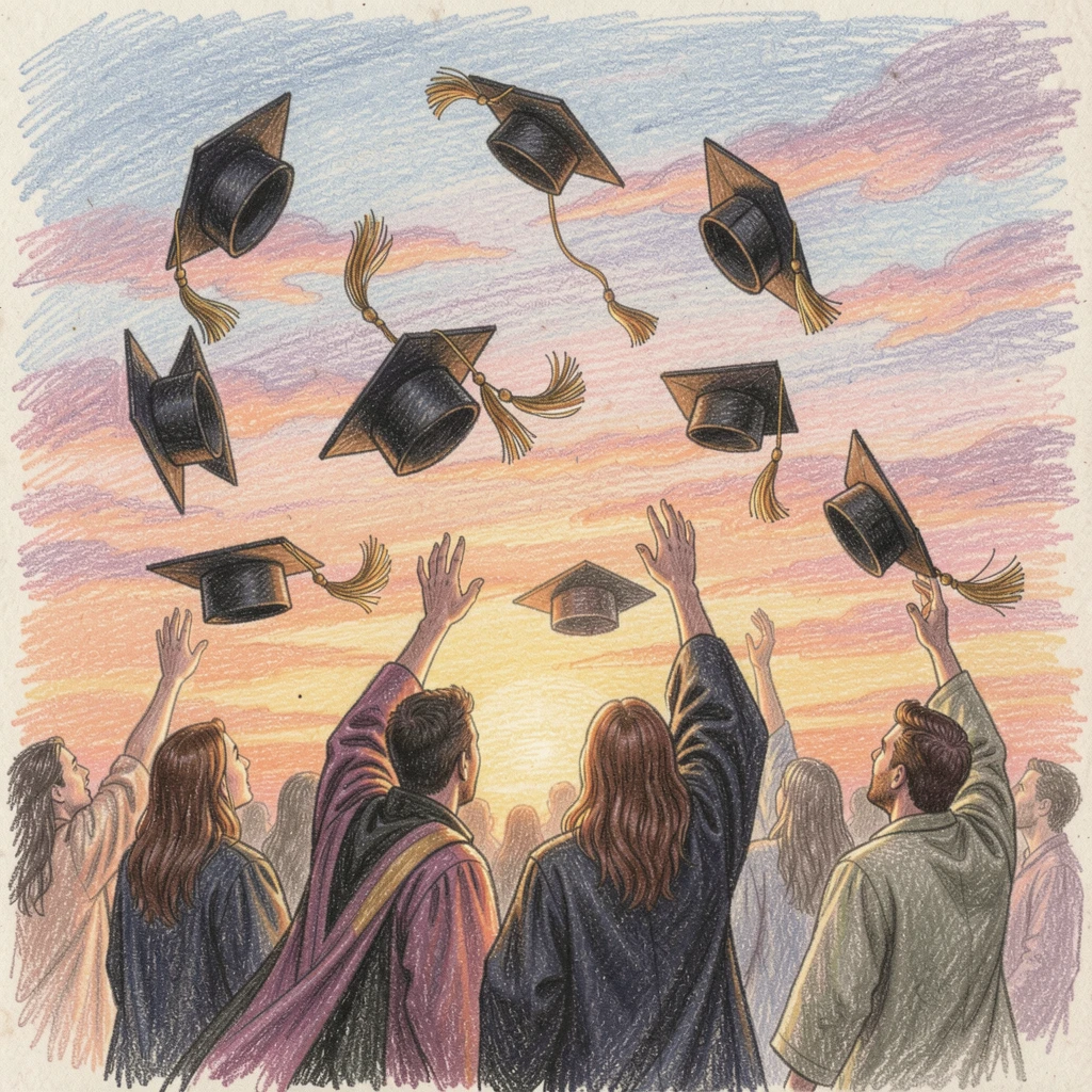 A graduation celebration with caps tossed into the air at sunset, with a gentle play of light and shadow across the composition, evoking nostalgia and a deep sense of contentment.