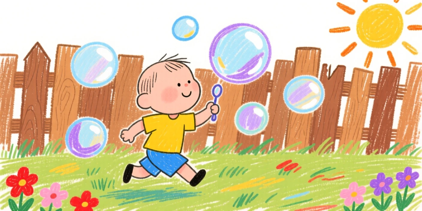 A toddler chasing bubbles across a sunny backyard.
