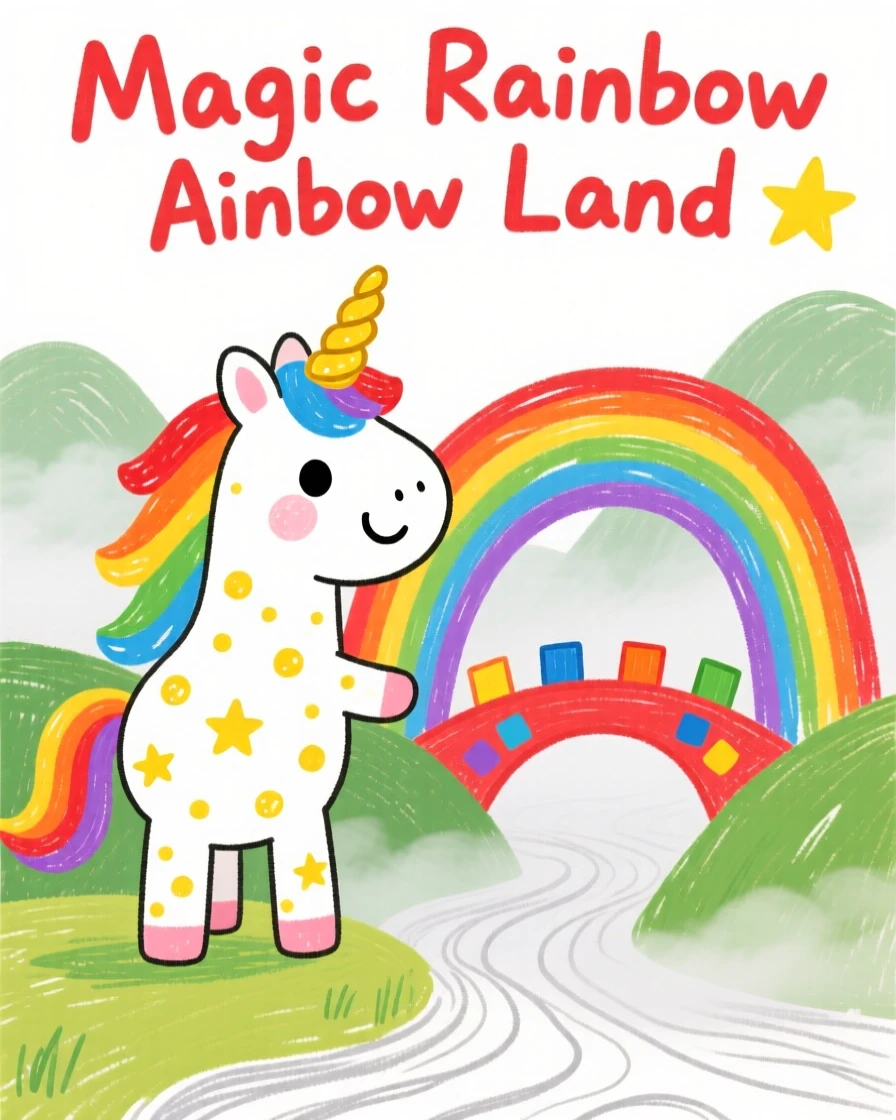 A shimmering unicorn with a flowing rainbow mane beside a rainbow bridge over a misty valley.