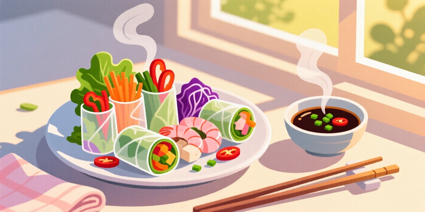 A colorful platter of fresh spring rolls with dipping sauce, placed near a window with warm afternoon light, composed with steam rising for a warm, inviting feel, with a joyful, celebratory feel.