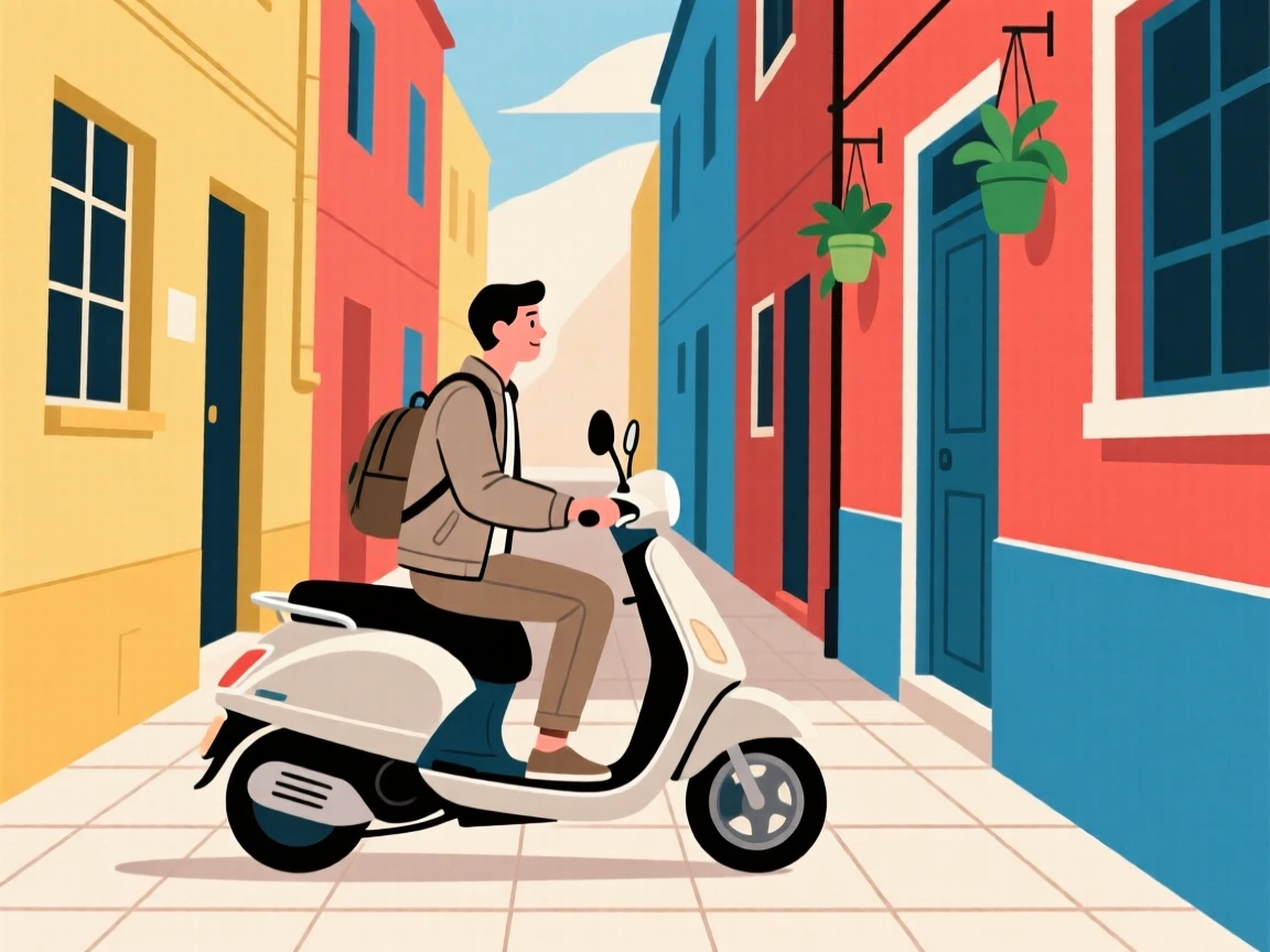 A traveler riding a scooter through a colorful, narrow alleyway.