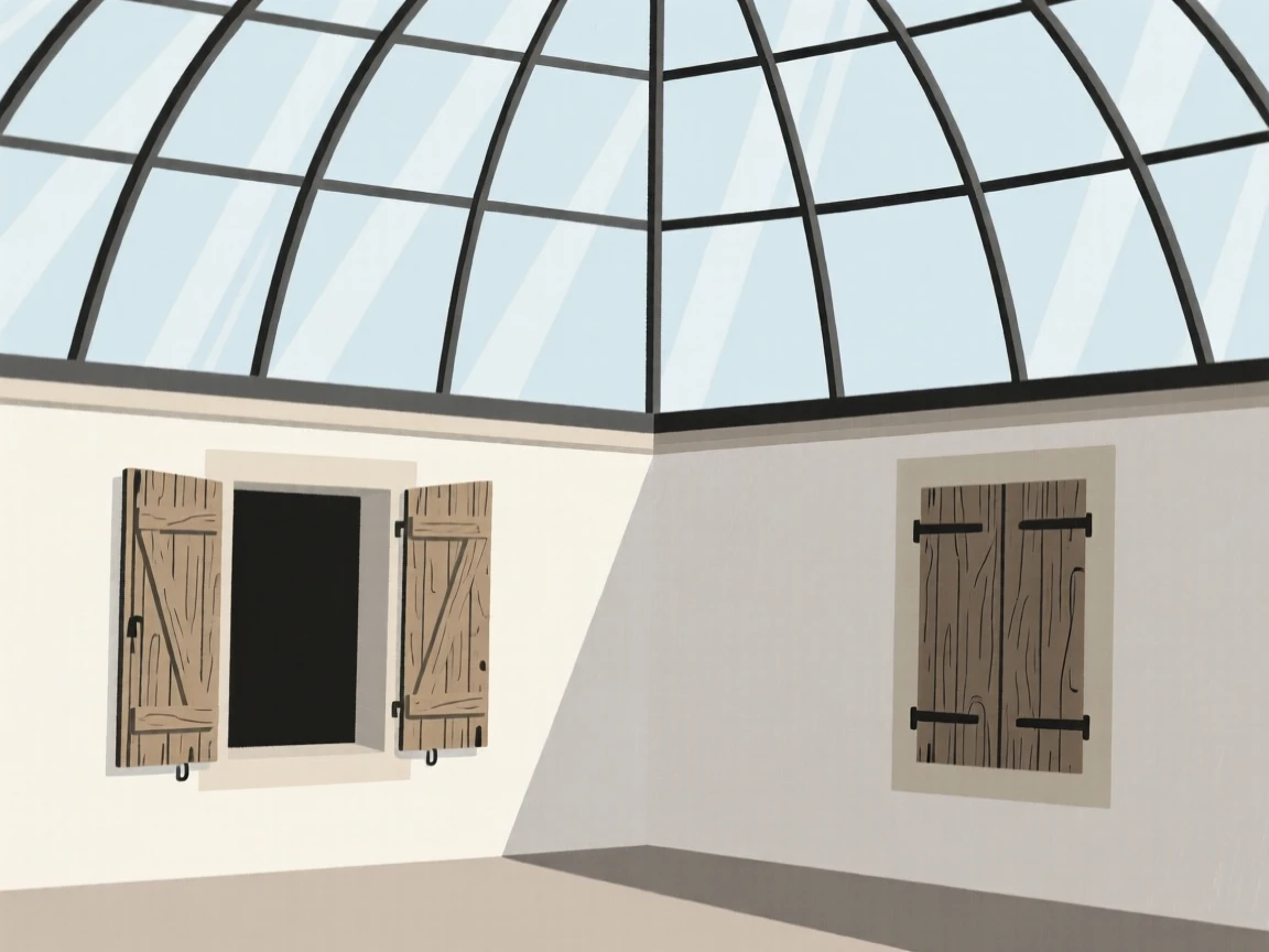 A quiet corner of a glass-domed atrium within a quiet countryside village, featuring weathered wooden shutters, full of historic charm.