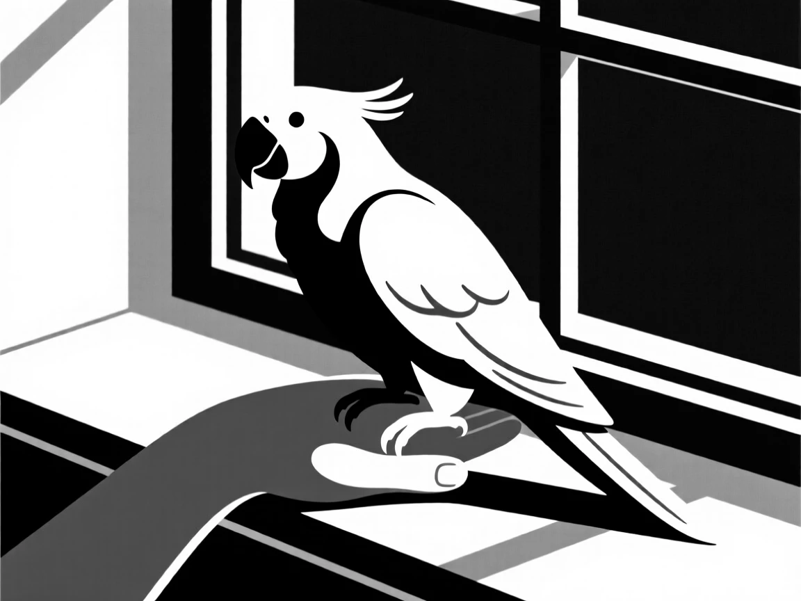 A parrot perched on a hand napping on a sunny windowsill.