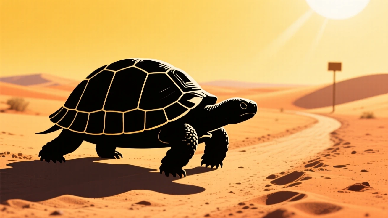 A tortoise slowly making its way across a sunlit desert trail.