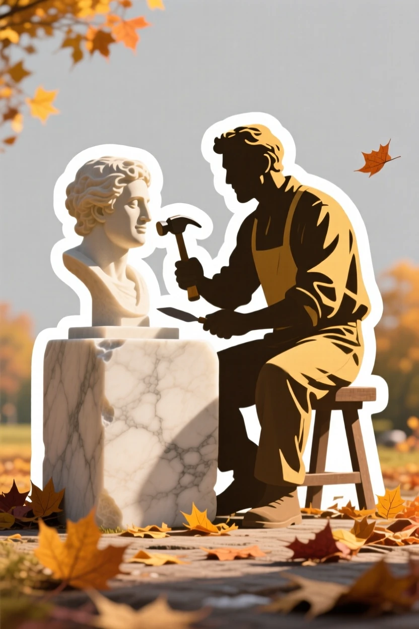A peacefully immersed sculptor chiseling a block of marble, taking a short pause to admire their progress, during a golden autumn afternoon.