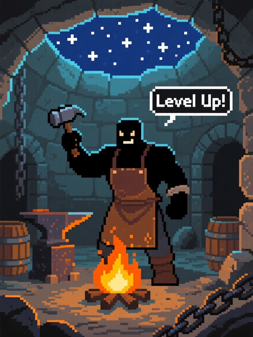 A village blacksmith leveling up beside a campfire under starlight, within a sprawling underground dungeon.