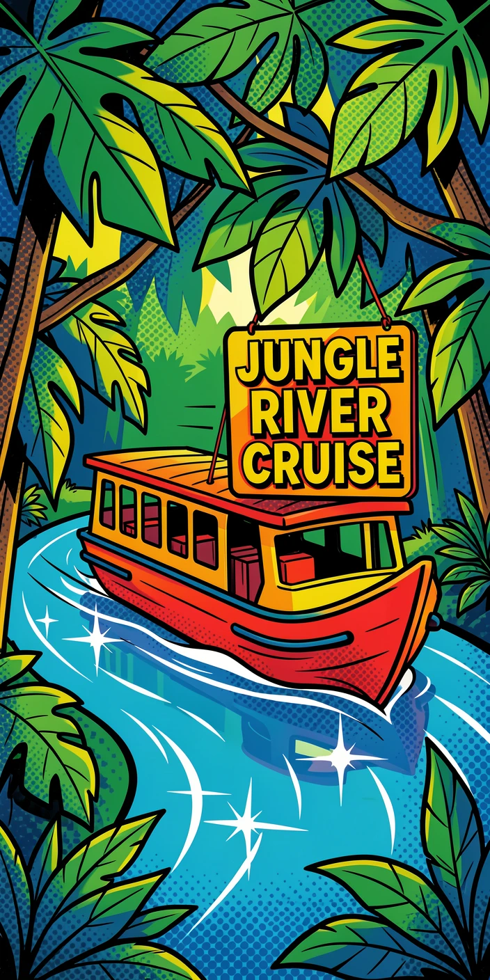 A jungle river cruise passing beneath dense canopy