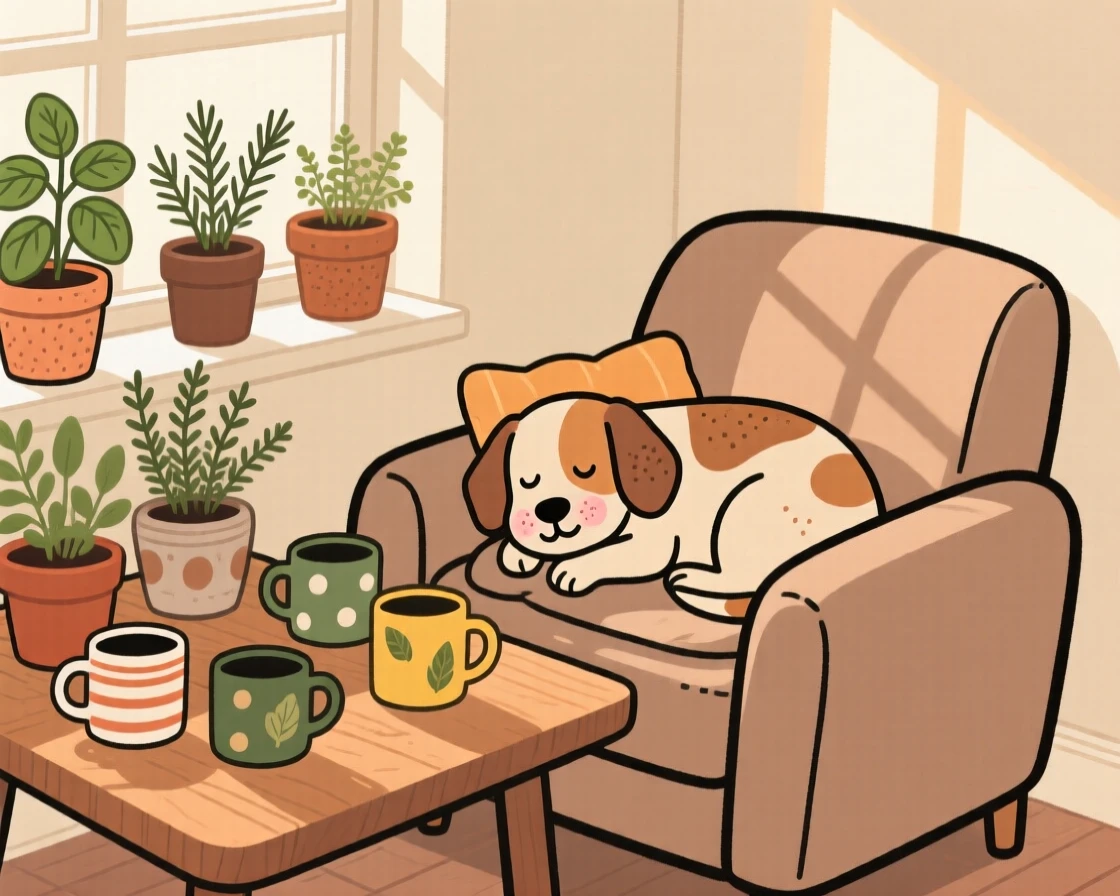 Morning light spills across a sunlit breakfast nook filled with potted herbs and mismatched mugs, where a old dog naps peacefully on the armchair cushion.