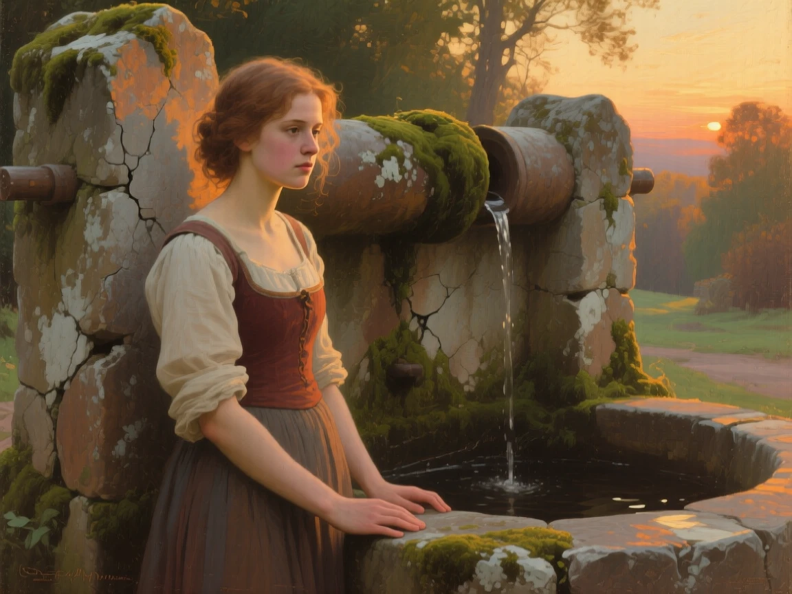An intimate close-up of a young woman beside an old stone well, showing calm determination, in late afternoon.