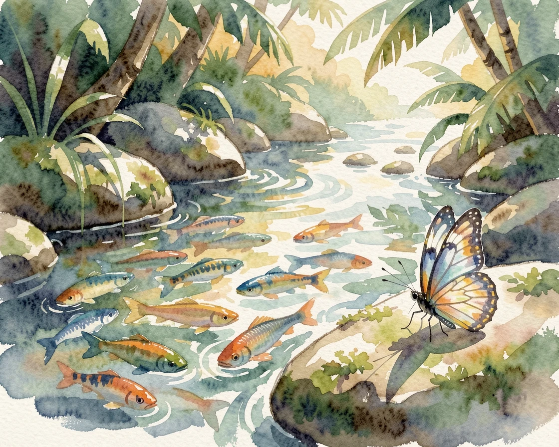A school of tropical fish beside a babbling brook with a butterfly resting nearby.