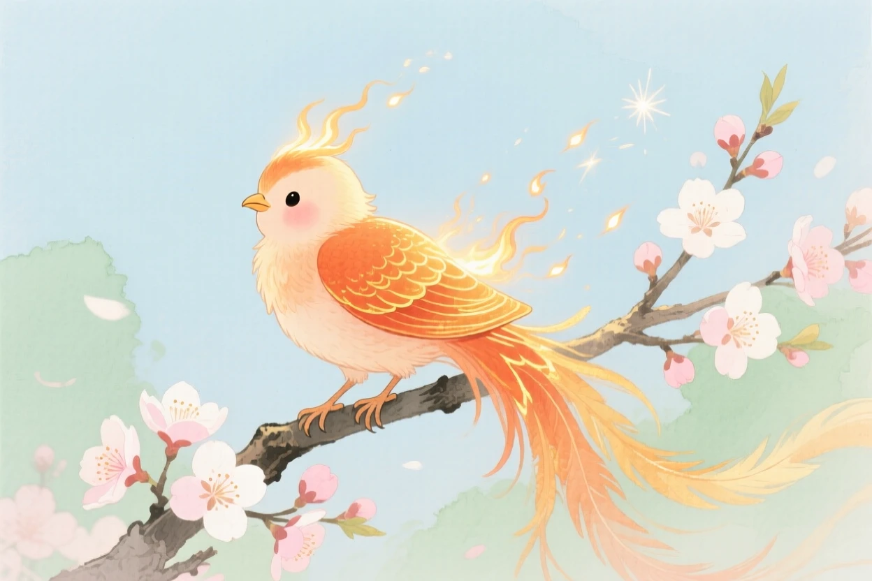 A baby phoenix with feathers of orange and gold perches on a blooming branch, tiny embers trailing behind it