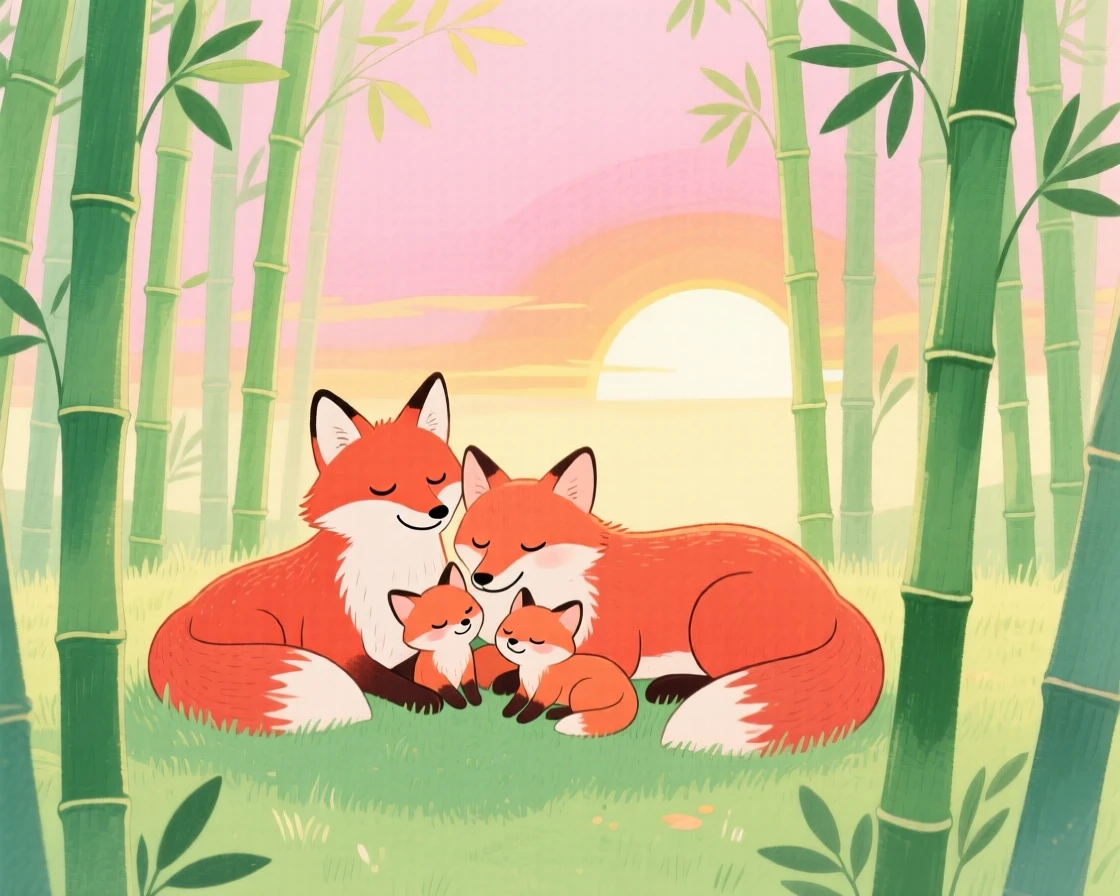 A family of red foxes resting peacefully in a bamboo grove at sunrise.
