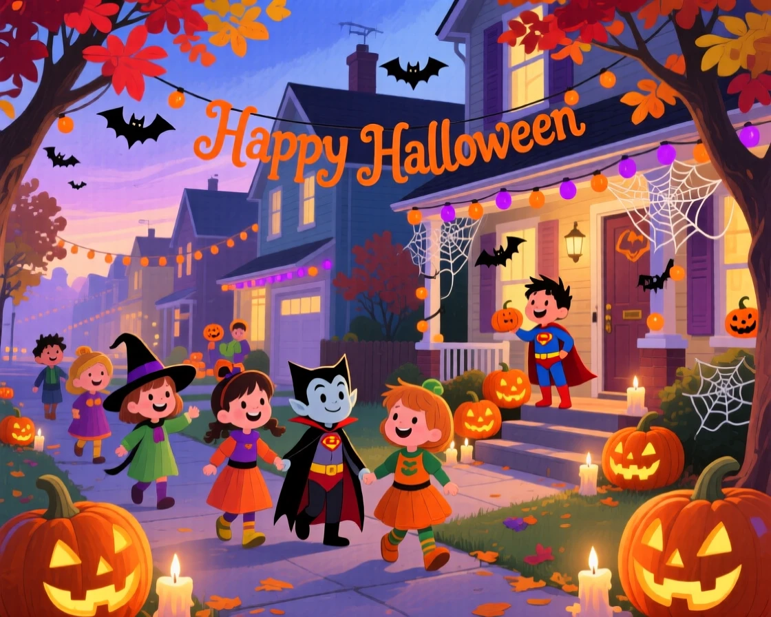 Kids trick-or-treating in costumes along a decorated street, in a neighborhood lit with jack-o'-lanterns at dusk, with the golden glow of candlelight flickering softly, evoking playful Halloween excitement.