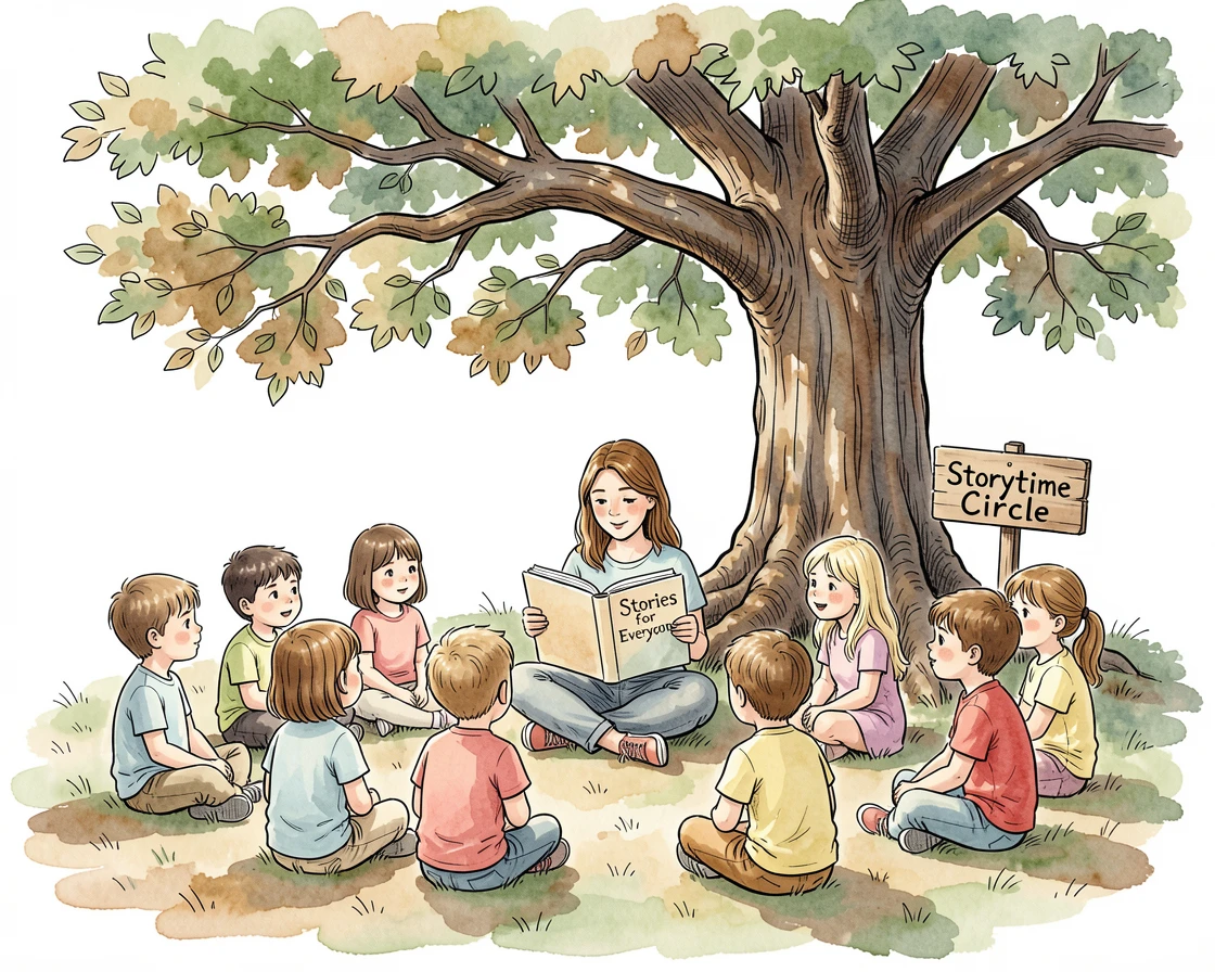A teacher reading aloud to a circle of attentive children under a shady tree, warm colors and soft shadows completing the scene.