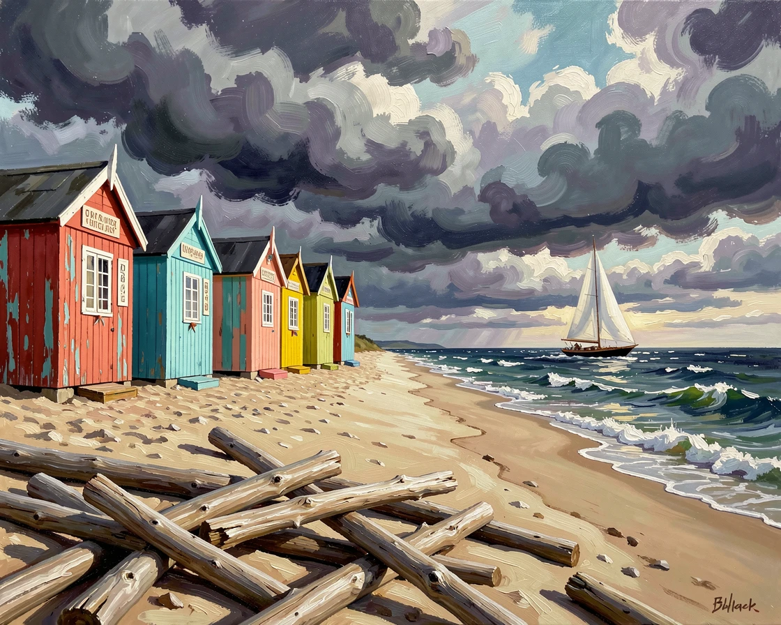 A row of colorful beach huts along the shore, beside a scattering of smooth driftwood, a single sailboat crossing the horizon, under a dramatic sky with storm clouds rolling in over the sea.