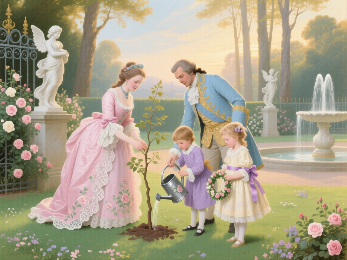 A royal family planting a tree together in palace grounds  