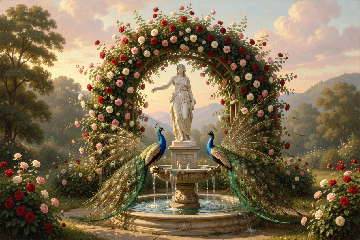 A pair of peacocks dances beneath the arbor of a rose garden beneath a marble statue as the fountain sparkles in the light.