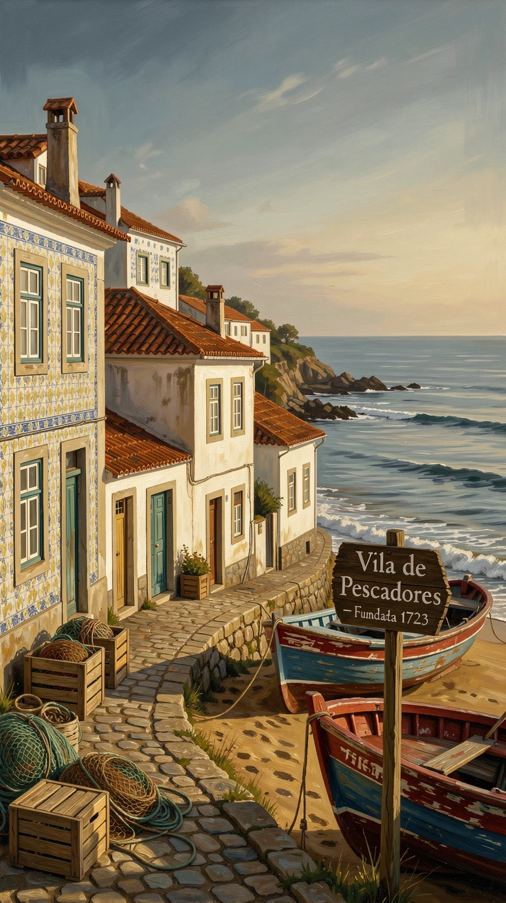 A quiet Portuguese fishing village with tiled houses cascading toward the sea, as soft golden hour light bathes every surface and structure, capturing the timeless beauty and character of a legendary destination