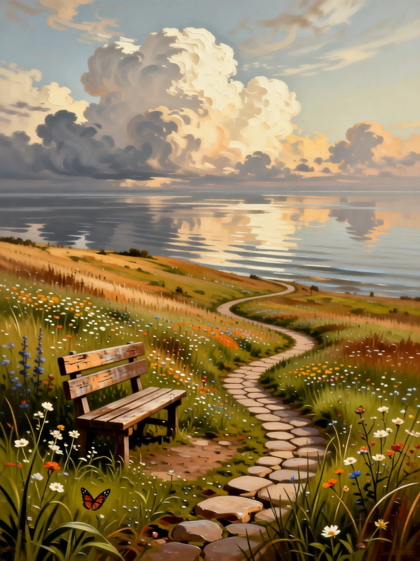 A rolling meadow dotted with wildflowers beneath a sky full of clouds alive with the quiet motion of wind and water, set within reach of a winding country path, with a weathered bench or stone path inviting quiet contemplation; foreground detail frames a sweeping, luminous background, radiating the serene majesty of untouched nature.