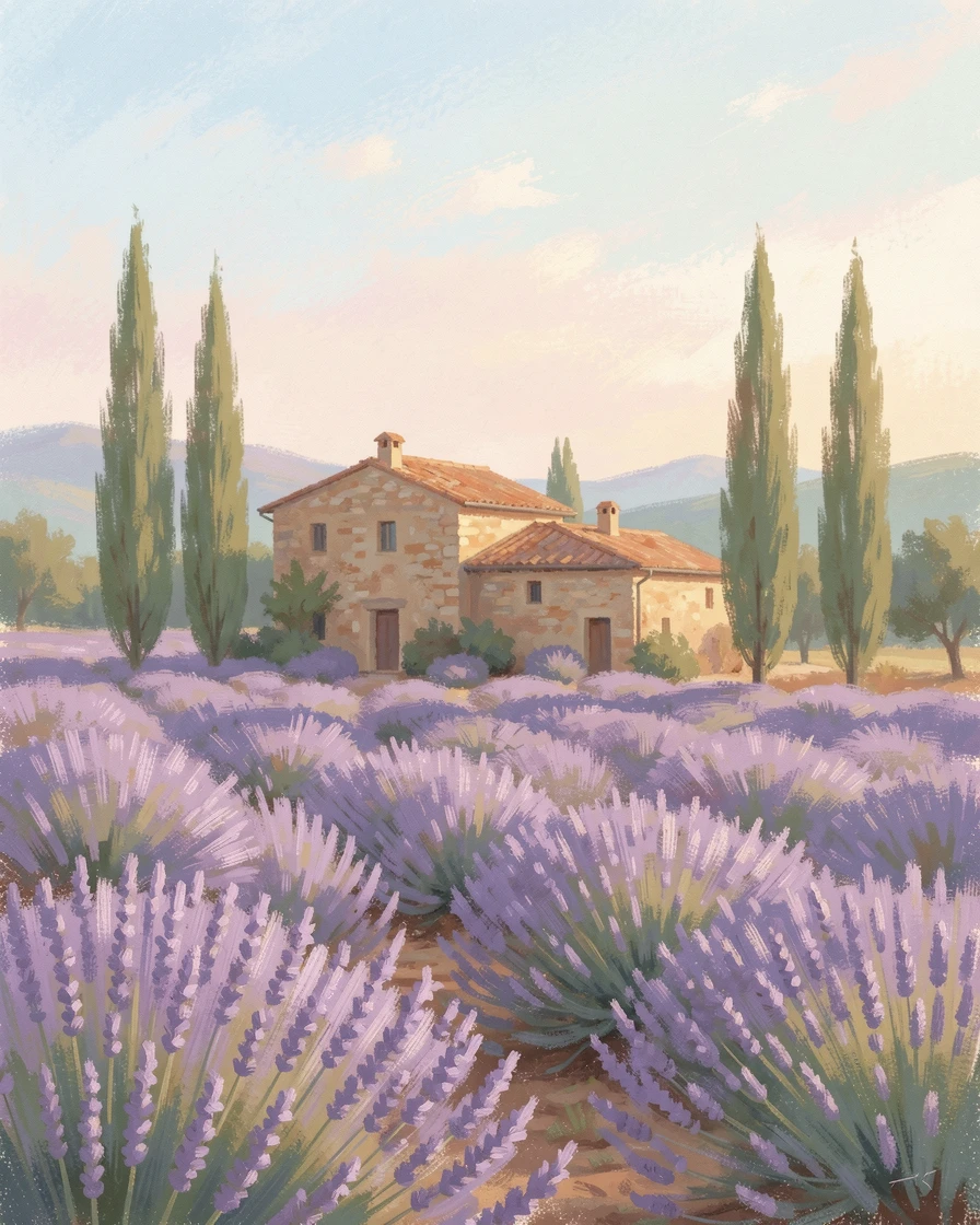 A field of lavender in Provence with a rustic stone farmhouse and cypress trees under a hazy summer sky, conveying a feeling of romance and tranquility.