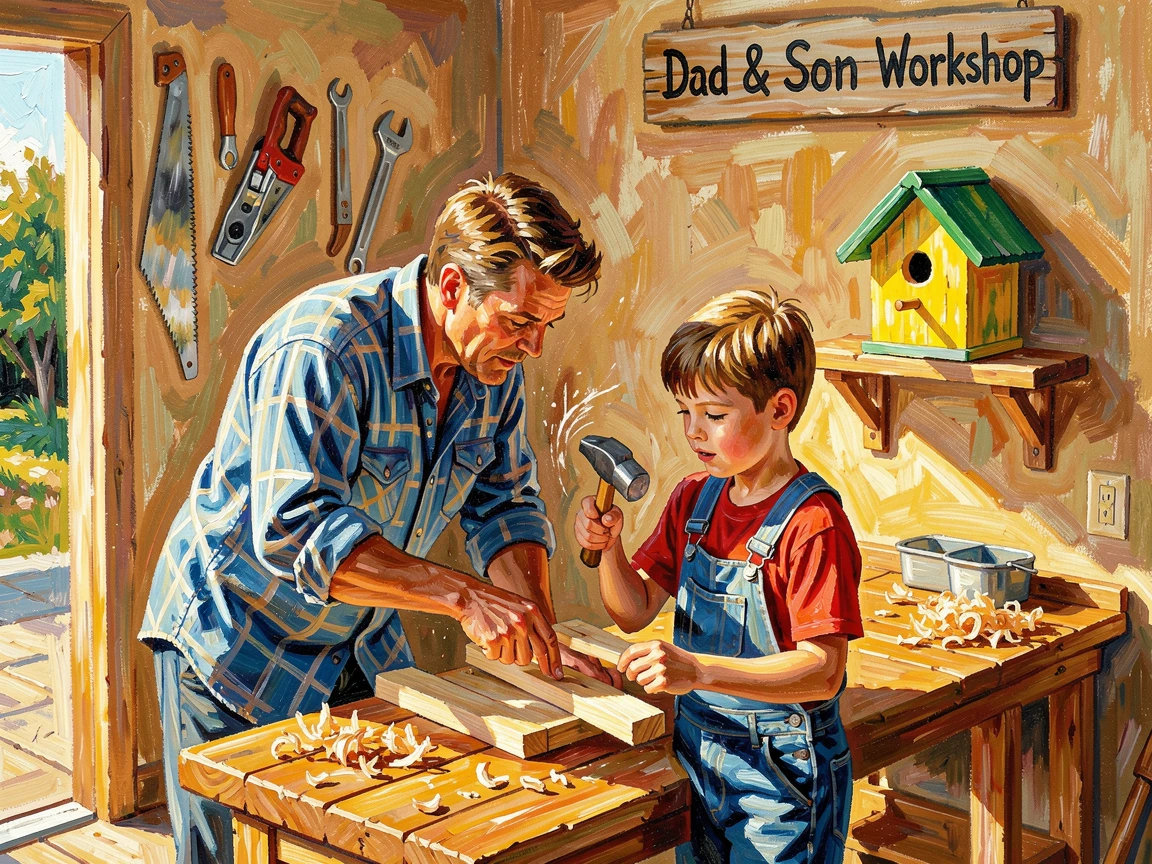 A father and son building a birdhouse together in a sunlit garage.
