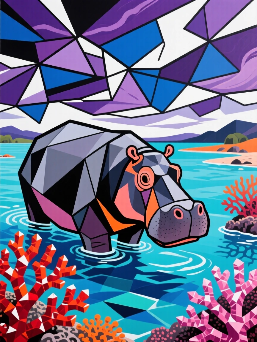A striking view of a hippopotamus navigating through a coral-lined lagoon beneath a dramatic sky.
